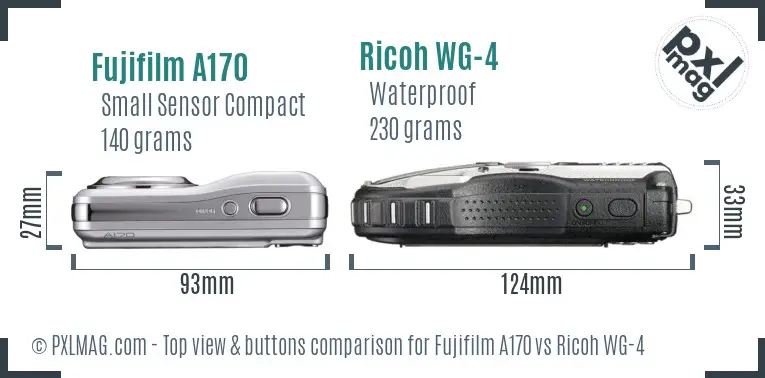 Fujifilm A170 vs Ricoh WG-4 top view buttons comparison Fujifilm A170 vs Ricoh WG-4 top view buttons comparison
