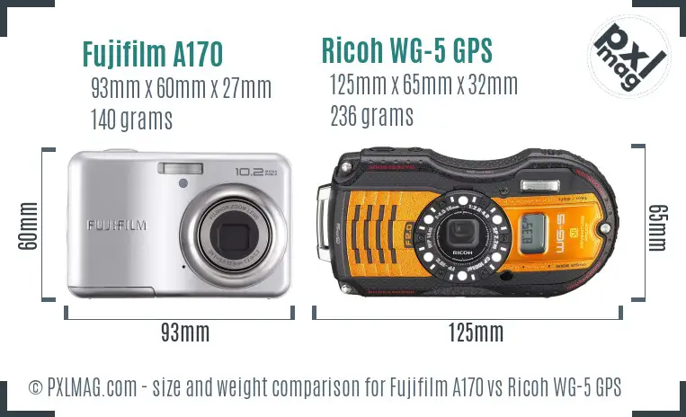 Fujifilm A170 vs Ricoh WG-5 GPS size comparison