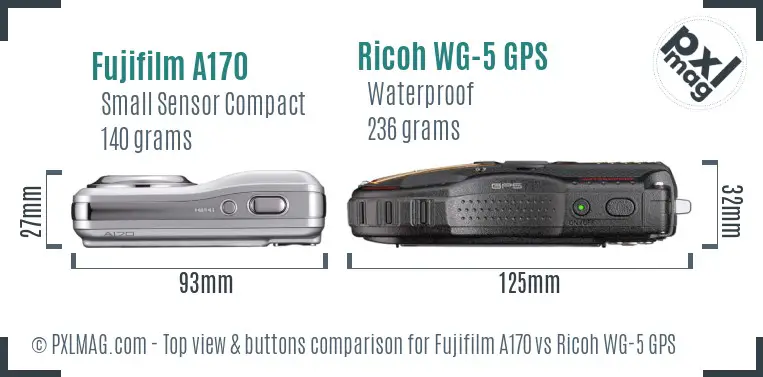 Fujifilm A170 vs Ricoh WG-5 GPS top view buttons comparison