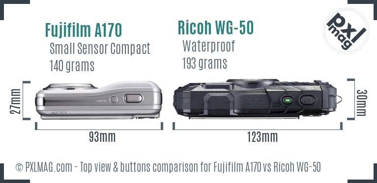 Fujifilm A170 vs Ricoh WG-50 top view buttons comparison