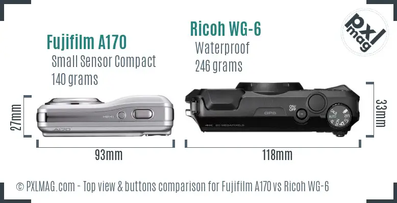 Fujifilm A170 vs Ricoh WG-6 top view buttons comparison