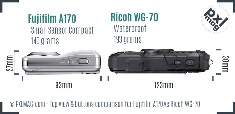 Fujifilm A170 vs Ricoh WG-70 top view buttons comparison