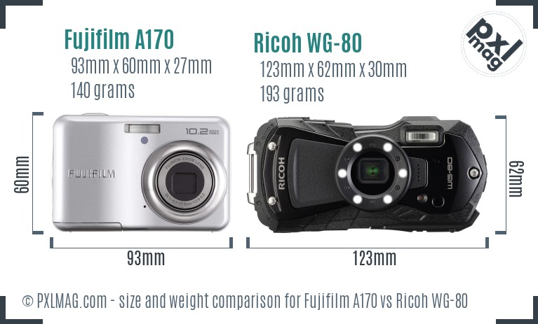 Fujifilm A170 vs Ricoh WG-80 size comparison