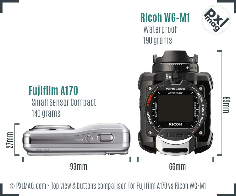 Fujifilm A170 vs Ricoh WG-M1 top view buttons comparison