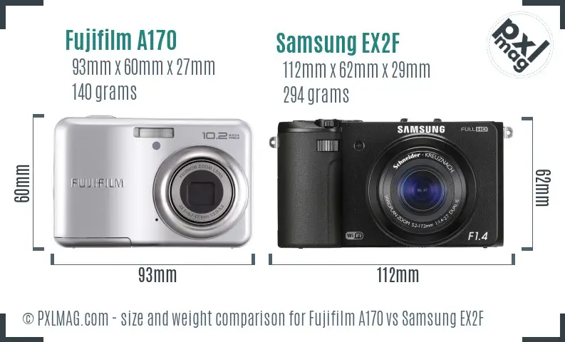 Fujifilm A170 vs Samsung EX2F size comparison