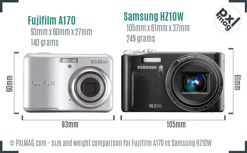 Fujifilm A170 vs Samsung HZ10W size comparison