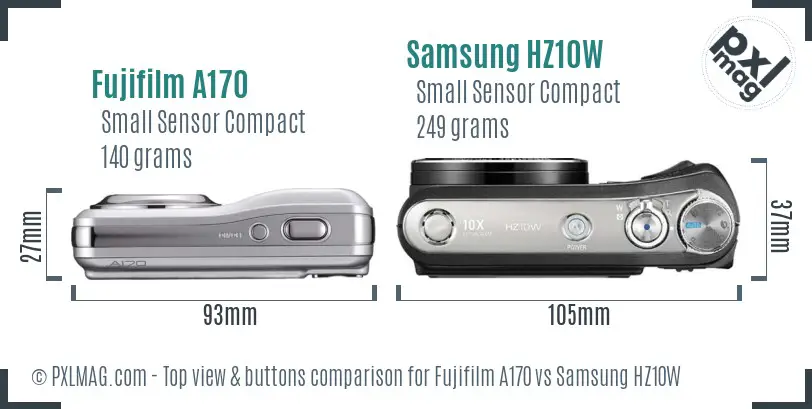 Fujifilm A170 vs Samsung HZ10W top view buttons comparison