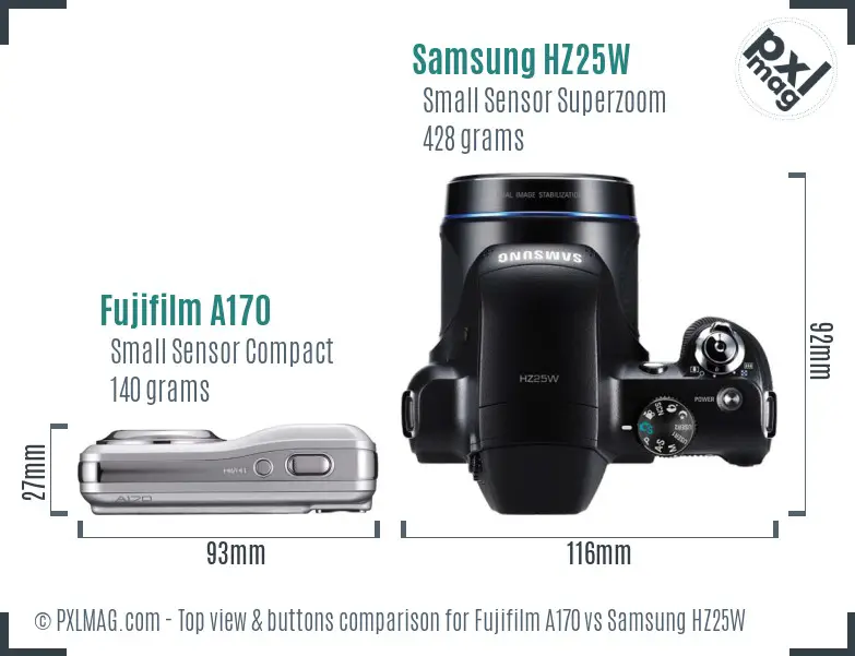 Fujifilm A170 vs Samsung HZ25W top view buttons comparison Fujifilm A170 vs Samsung HZ25W top view buttons comparison