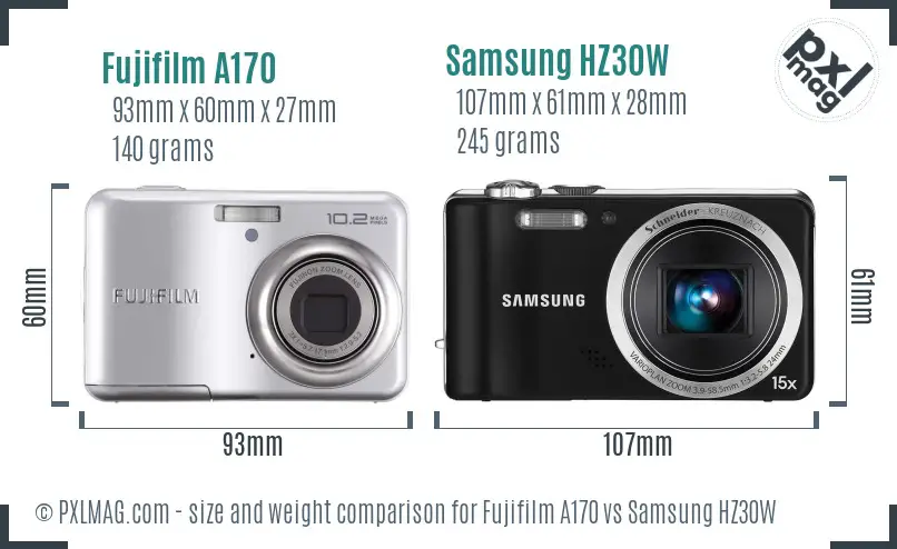 Fujifilm A170 vs Samsung HZ30W size comparison
