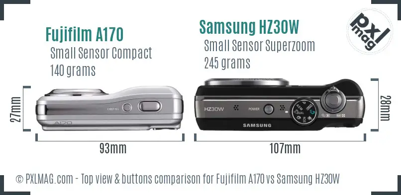 Fujifilm A170 vs Samsung HZ30W top view buttons comparison