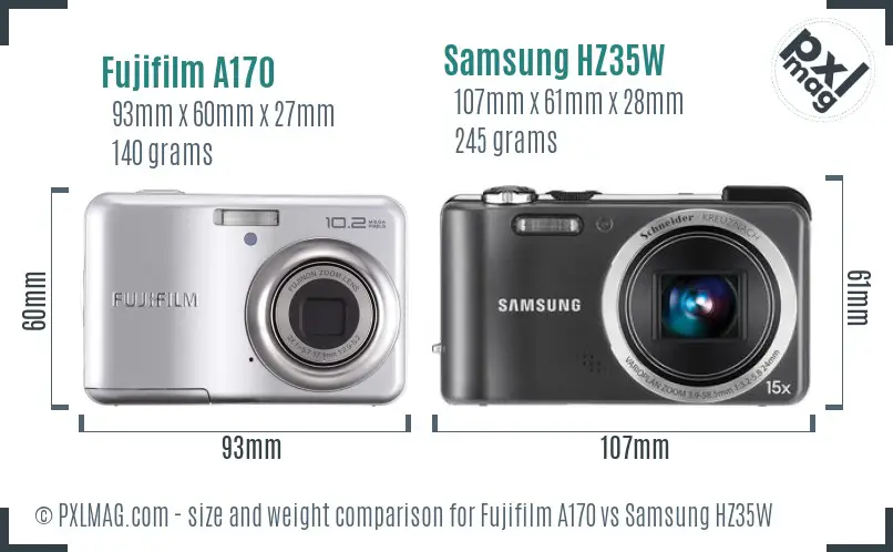 Fujifilm A170 vs Samsung HZ35W size comparison