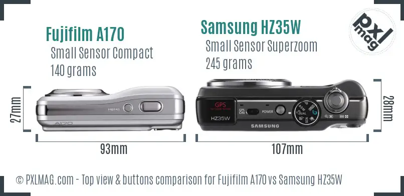 Fujifilm A170 vs Samsung HZ35W top view buttons comparison