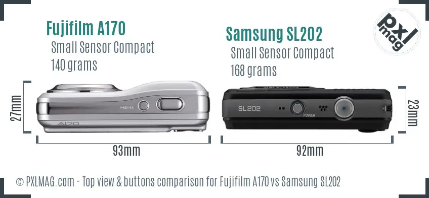 Fujifilm A170 vs Samsung SL202 top view buttons comparison Fujifilm A170 vs Samsung SL202 top view buttons comparison