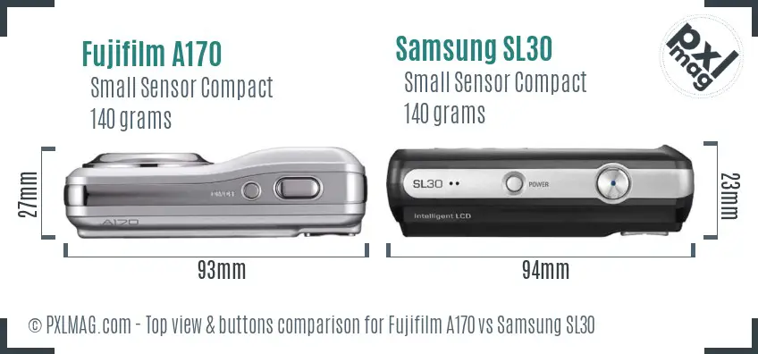 Fujifilm A170 vs Samsung SL30 top view buttons comparison Fujifilm A170 vs Samsung SL30 top view buttons comparison