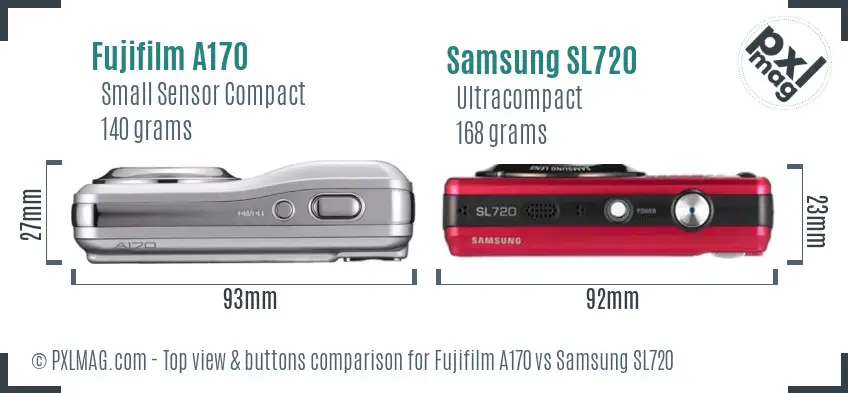 Fujifilm A170 vs Samsung SL720 top view buttons comparison