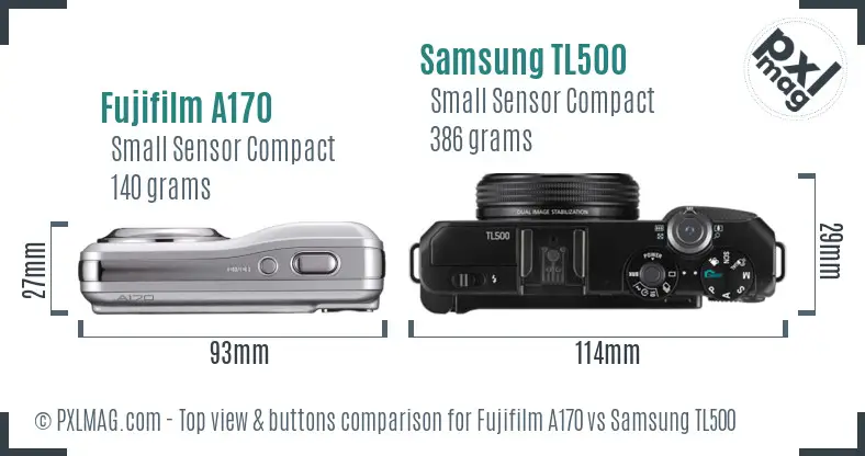 Fujifilm A170 vs Samsung TL500 top view buttons comparison