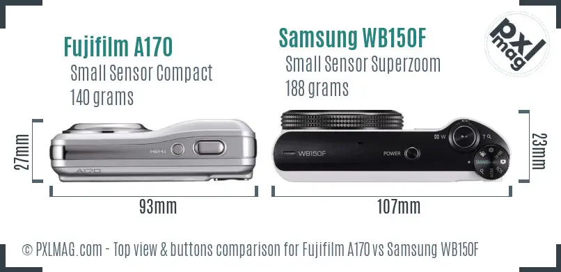 Fujifilm A170 vs Samsung WB150F top view buttons comparison