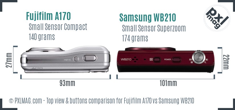 Fujifilm A170 vs Samsung WB210 top view buttons comparison