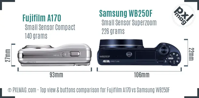 Fujifilm A170 vs Samsung WB250F top view buttons comparison