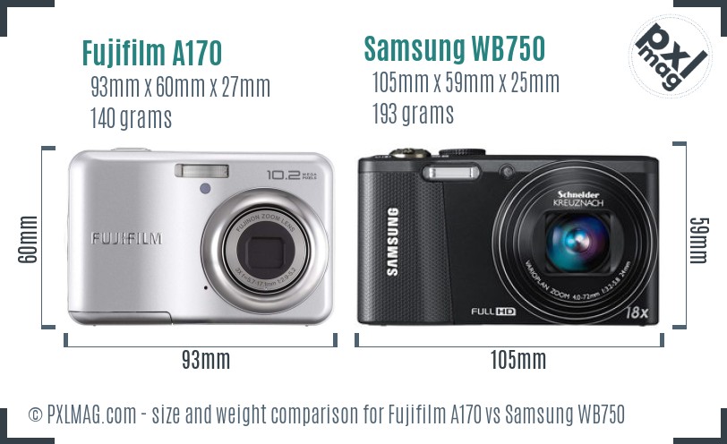 Fujifilm A170 vs Samsung WB750 size comparison