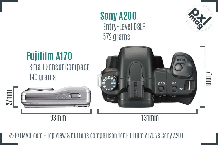 Fujifilm A170 vs Sony A200 top view buttons comparison Fujifilm A170 vs Sony A200 top view buttons comparison