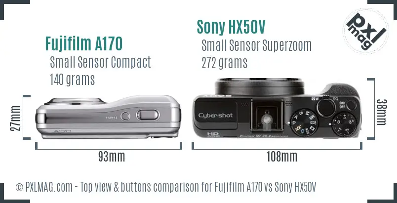 Fujifilm A170 vs Sony HX50V top view buttons comparison