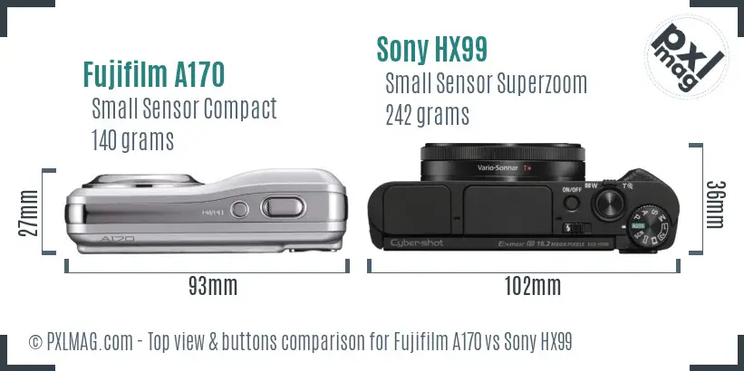 Fujifilm A170 vs Sony HX99 top view buttons comparison