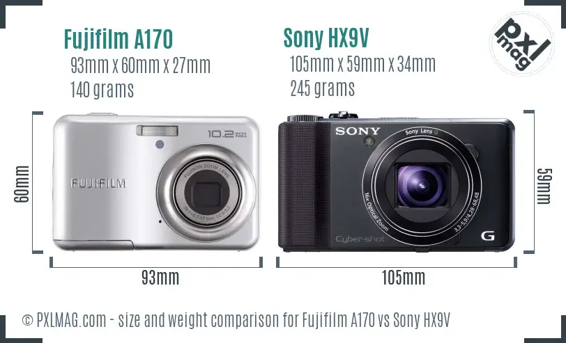Fujifilm A170 vs Sony HX9V size comparison