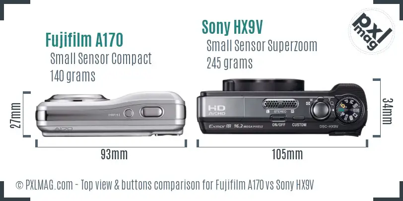 Fujifilm A170 vs Sony HX9V top view buttons comparison