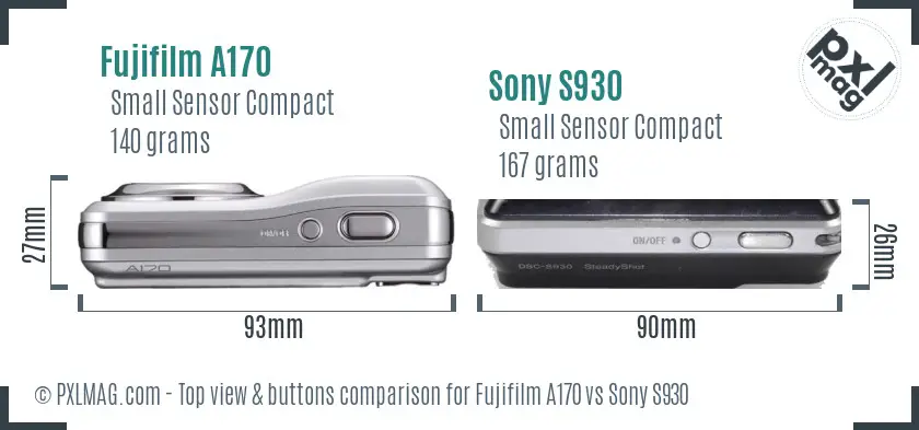 Fujifilm A170 vs Sony S930 top view buttons comparison