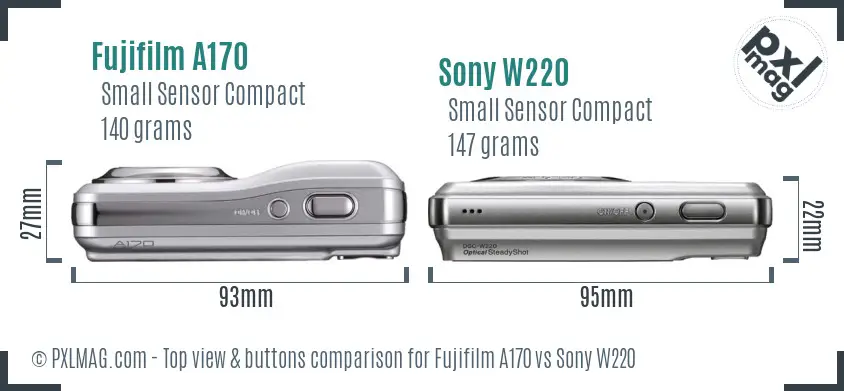 Fujifilm A170 vs Sony W220 top view buttons comparison