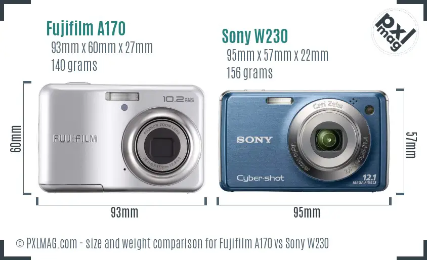 Fujifilm A170 vs Sony W230 size comparison