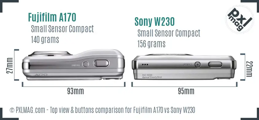 Fujifilm A170 vs Sony W230 top view buttons comparison