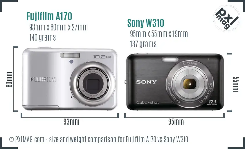Fujifilm A170 vs Sony W310 size comparison
