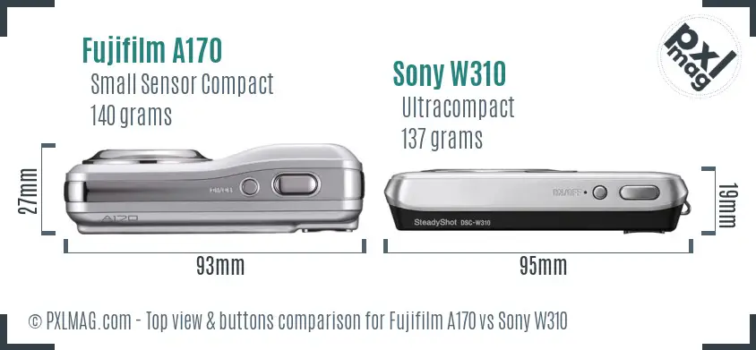 Fujifilm A170 vs Sony W310 top view buttons comparison
