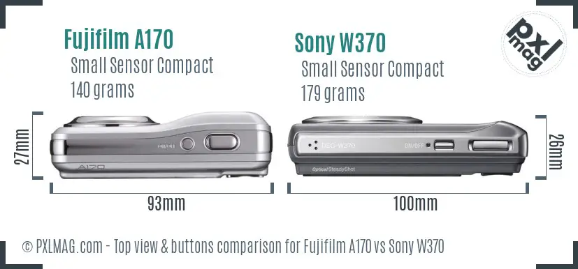 Fujifilm A170 vs Sony W370 top view buttons comparison