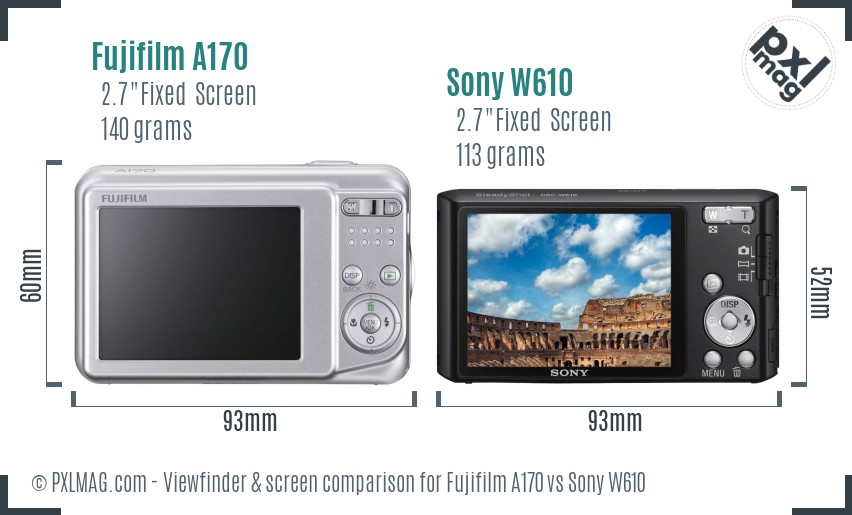 Fujifilm A170 vs Sony W610 Screen and Viewfinder comparison