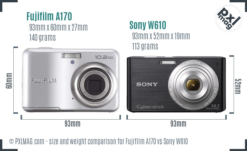 Fujifilm A170 vs Sony W610 size comparison