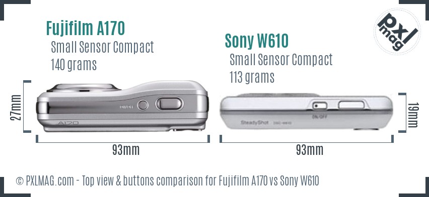 Fujifilm A170 vs Sony W610 top view buttons comparison