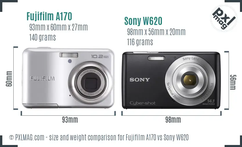 Fujifilm A170 vs Sony W620 size comparison