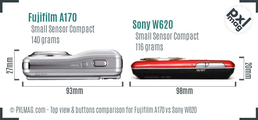 Fujifilm A170 vs Sony W620 top view buttons comparison