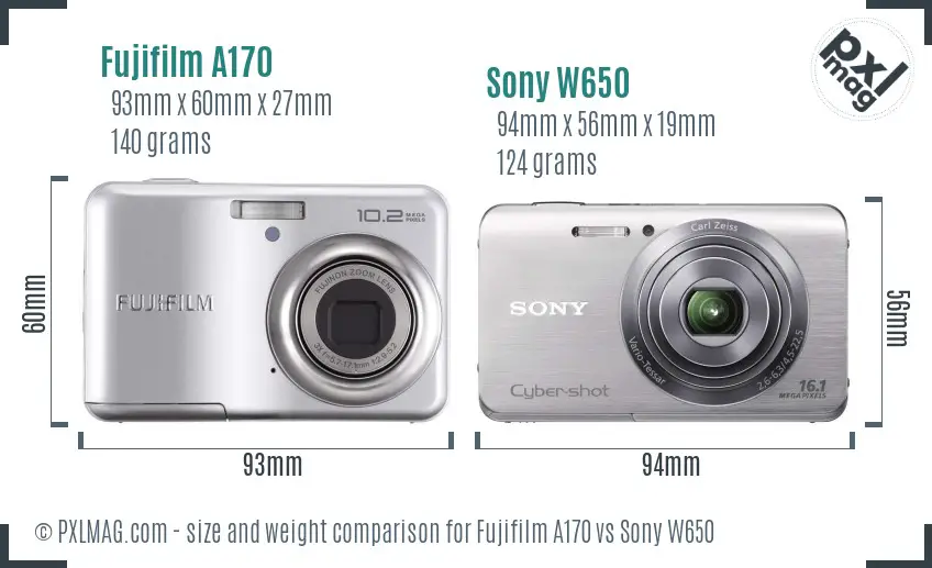 Fujifilm A170 vs Sony W650 size comparison