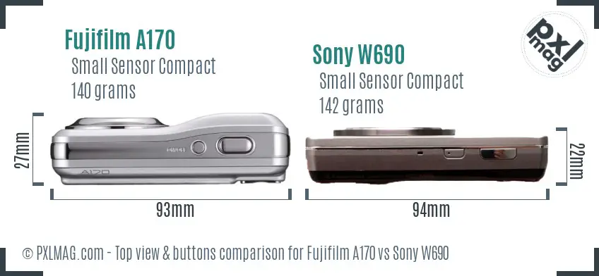 Fujifilm A170 vs Sony W690 top view buttons comparison Fujifilm A170 vs Sony W690 top view buttons comparison