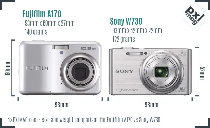 Fujifilm A170 vs Sony W730 size comparison