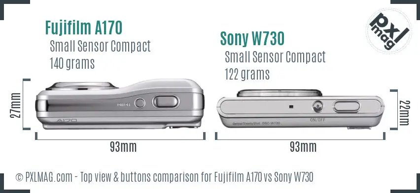 Fujifilm A170 vs Sony W730 top view buttons comparison