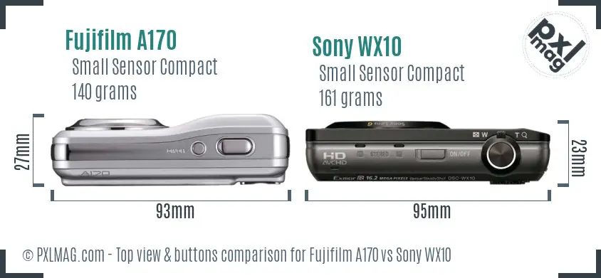 Fujifilm A170 vs Sony WX10 top view buttons comparison Fujifilm A170 vs Sony WX10 top view buttons comparison
