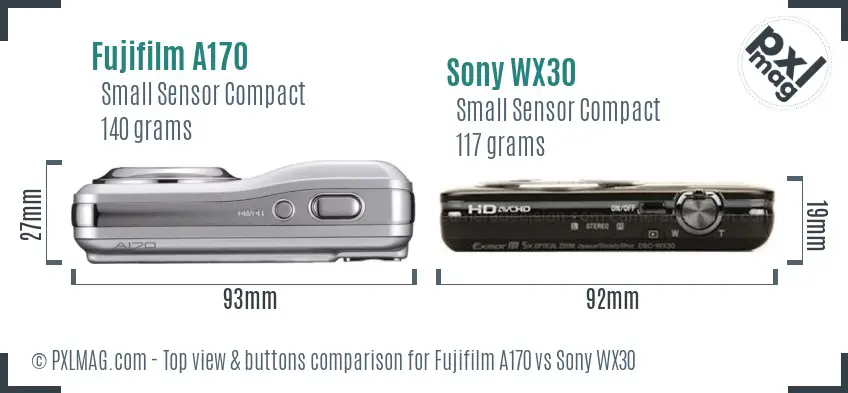 Fujifilm A170 vs Sony WX30 top view buttons comparison Fujifilm A170 vs Sony WX30 top view buttons comparison