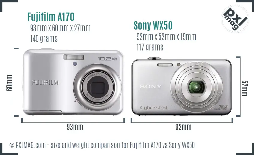 Fujifilm A170 vs Sony WX50 size comparison