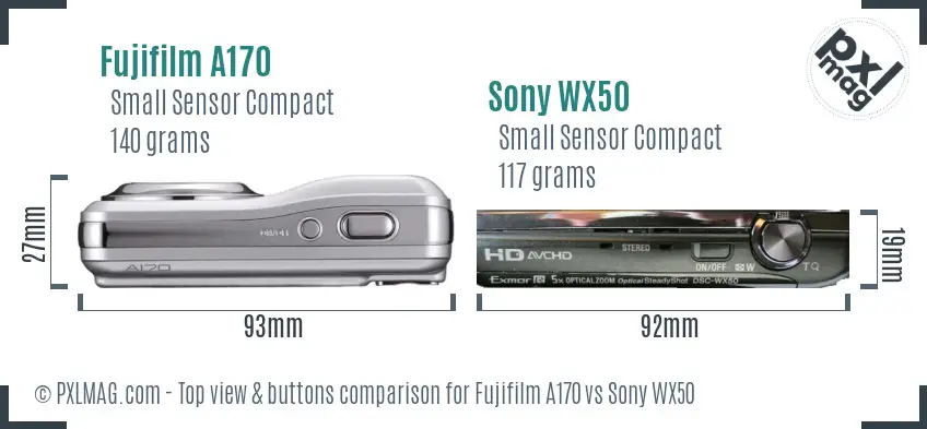 Fujifilm A170 vs Sony WX50 top view buttons comparison