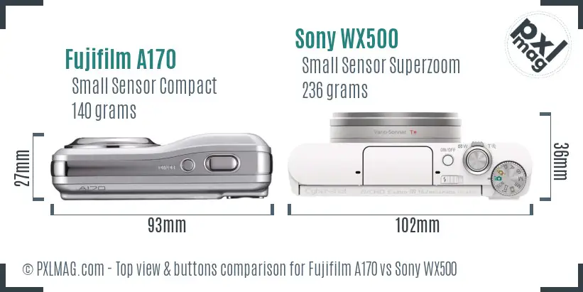 Fujifilm A170 vs Sony WX500 top view buttons comparison